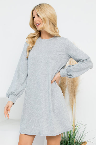 YMD10062V-LONG PUFF SLEEVE FRENCH TERRY DRESS WITH POCKETS 1-2-2-1