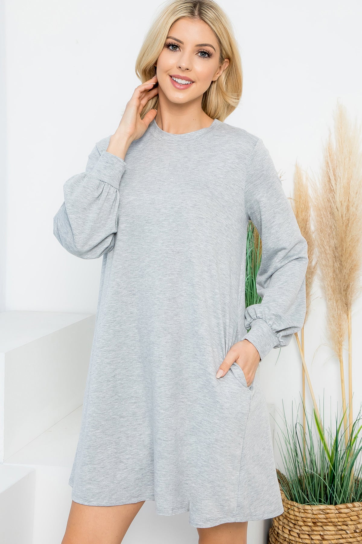 YMD10062V-LONG PUFF SLEEVE FRENCH TERRY DRESS WITH POCKETS 1-2-2-1