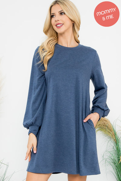 LONG PUFF SLEEVE FRENCH TERRY DRESS WITH POCKETS 1-1-1-1