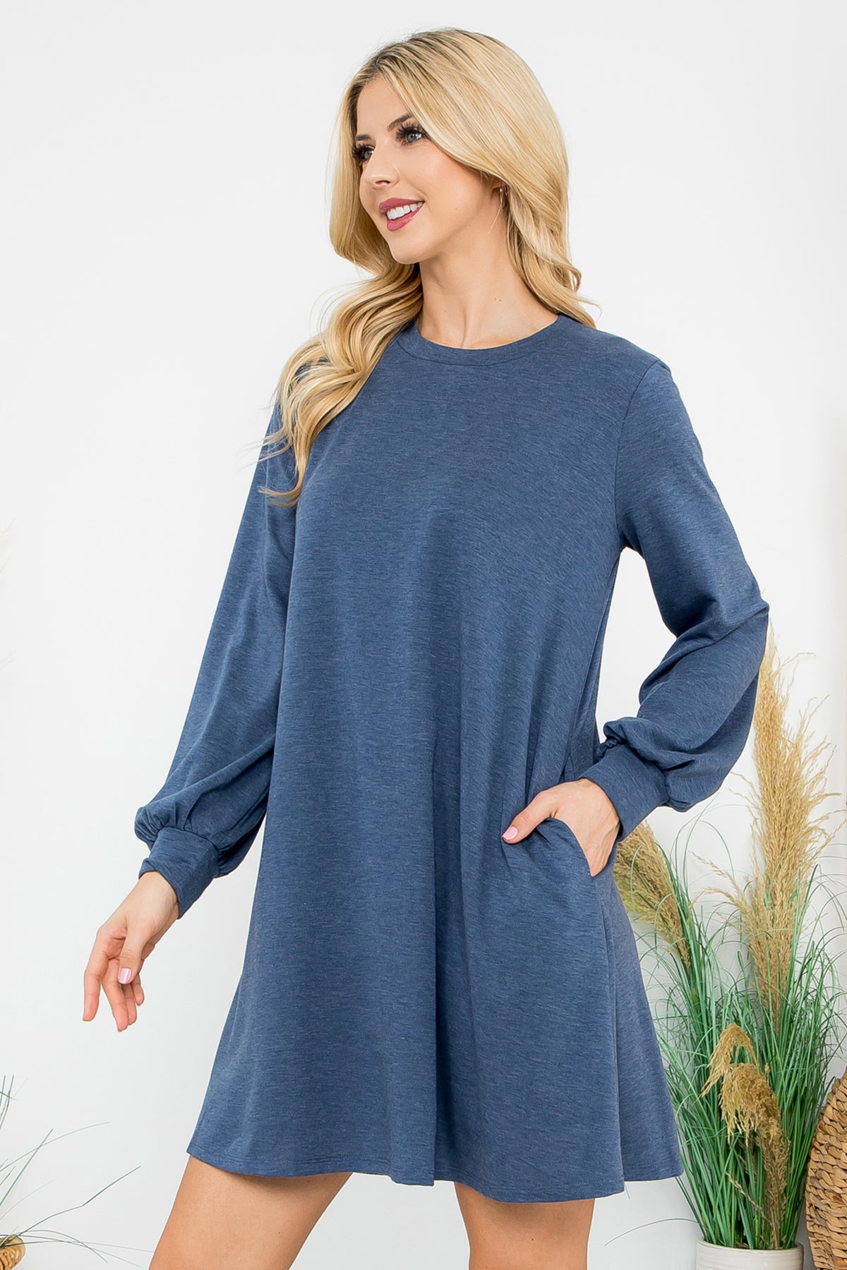 LONG PUFF SLEEVE FRENCH TERRY DRESS WITH POCKETS 1-1-1-1