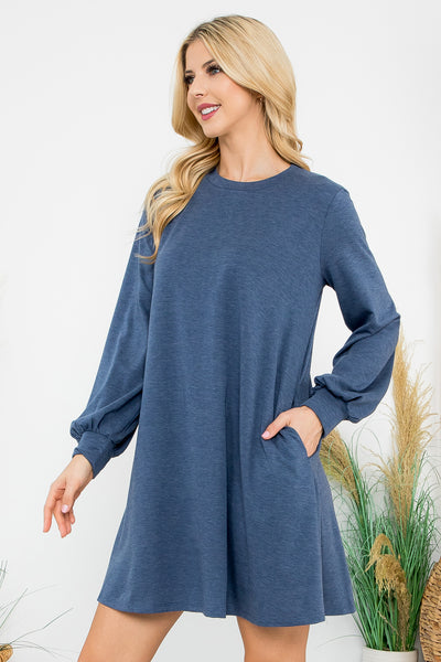 LONG PUFF SLEEVE FRENCH TERRY DRESS WITH POCKETS 1-1-1-1