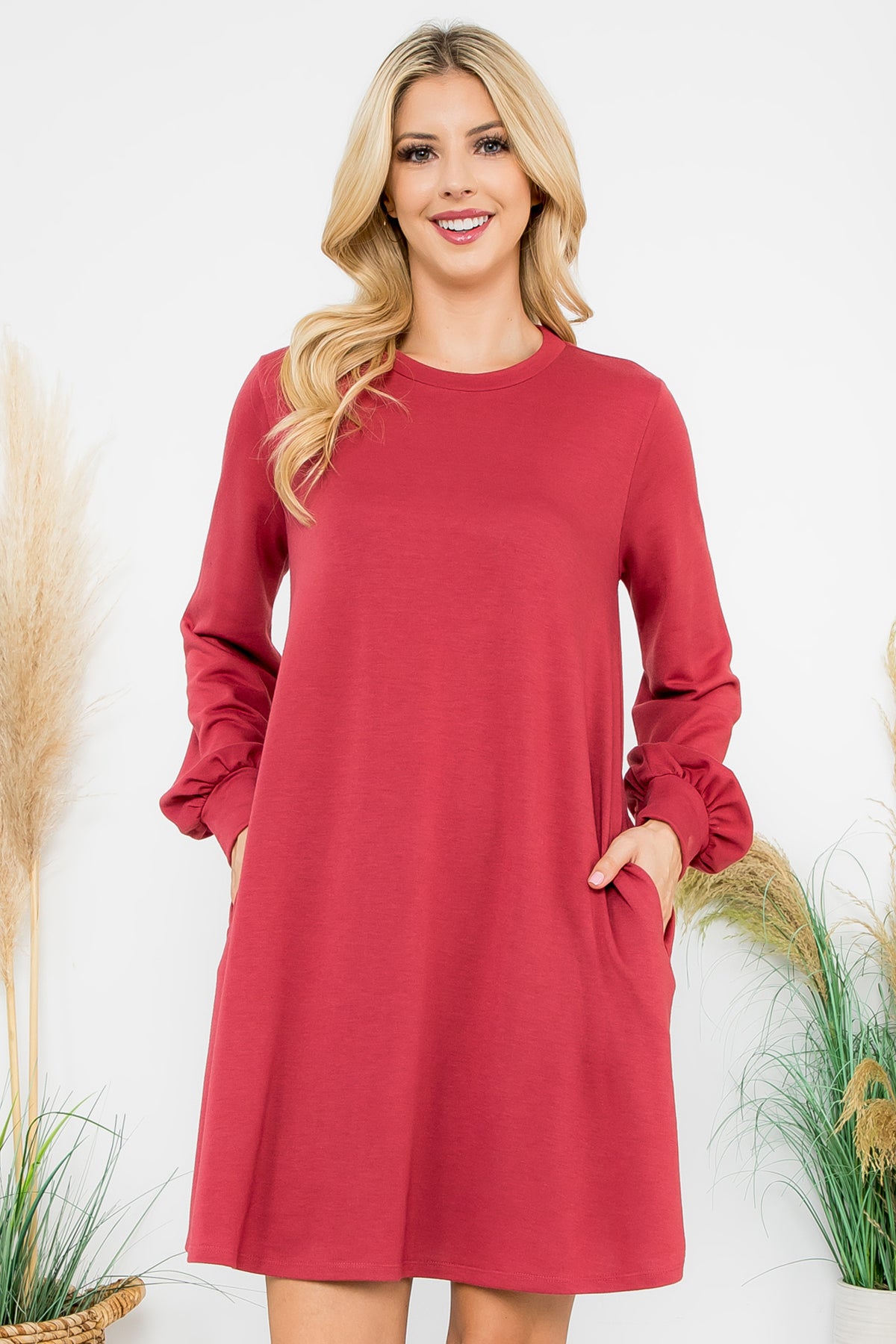 LONG PUFF SLEEVE FRENCH TERRY DRESS WITH POCKETS 1-1-1-1