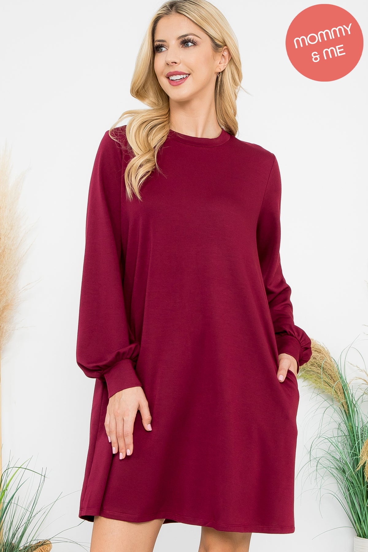 LONG PUFF SLEEVE FRENCH TERRY DRESS WITH POCKETS 1-1-1-1