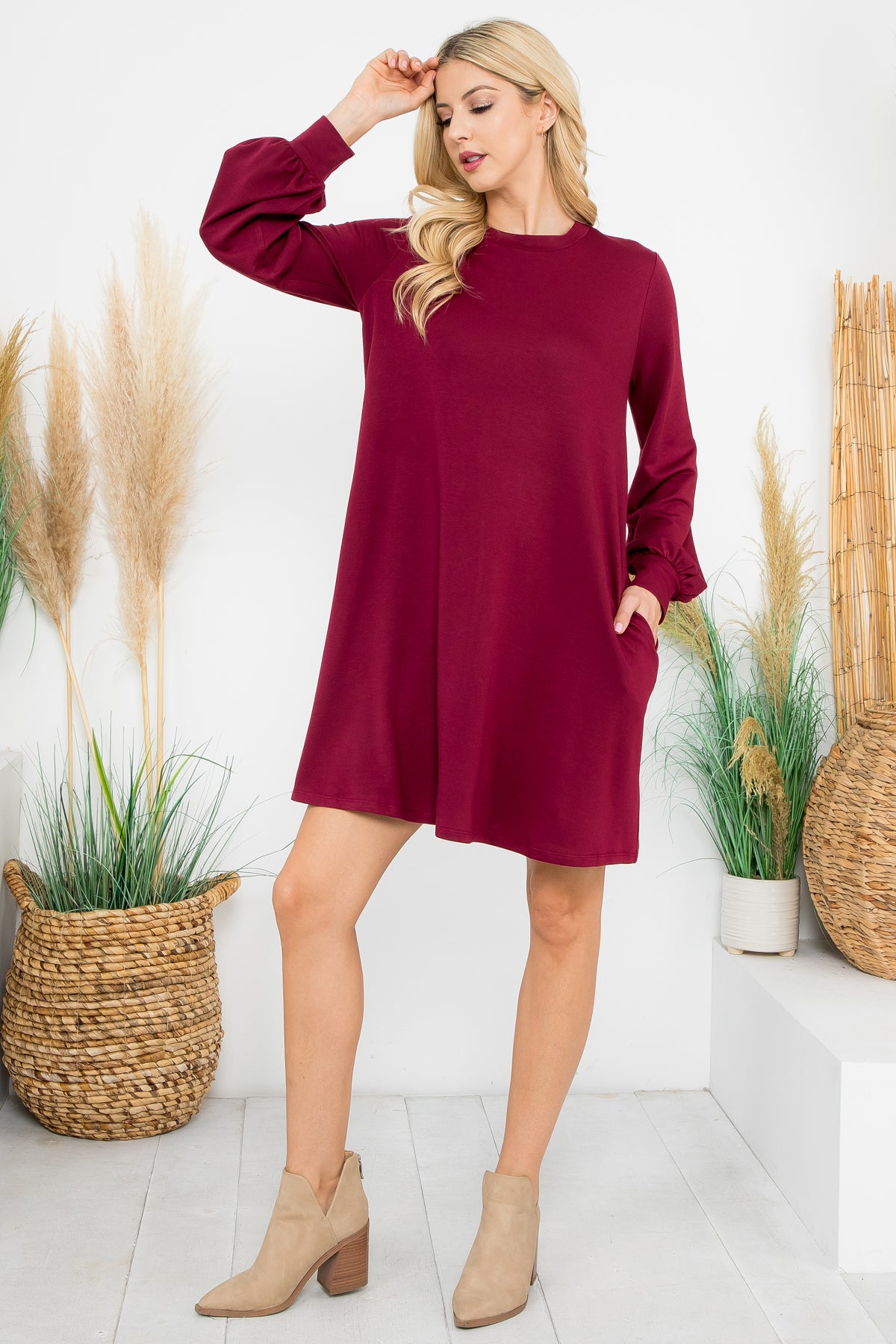 LONG PUFF SLEEVE FRENCH TERRY DRESS WITH POCKETS 1-1-1-1