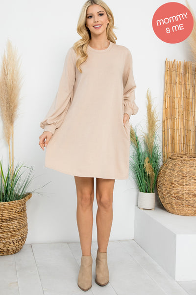 LONG PUFF SLEEVE FRENCH TERRY DRESS WITH POCKETS 1-1-1-1