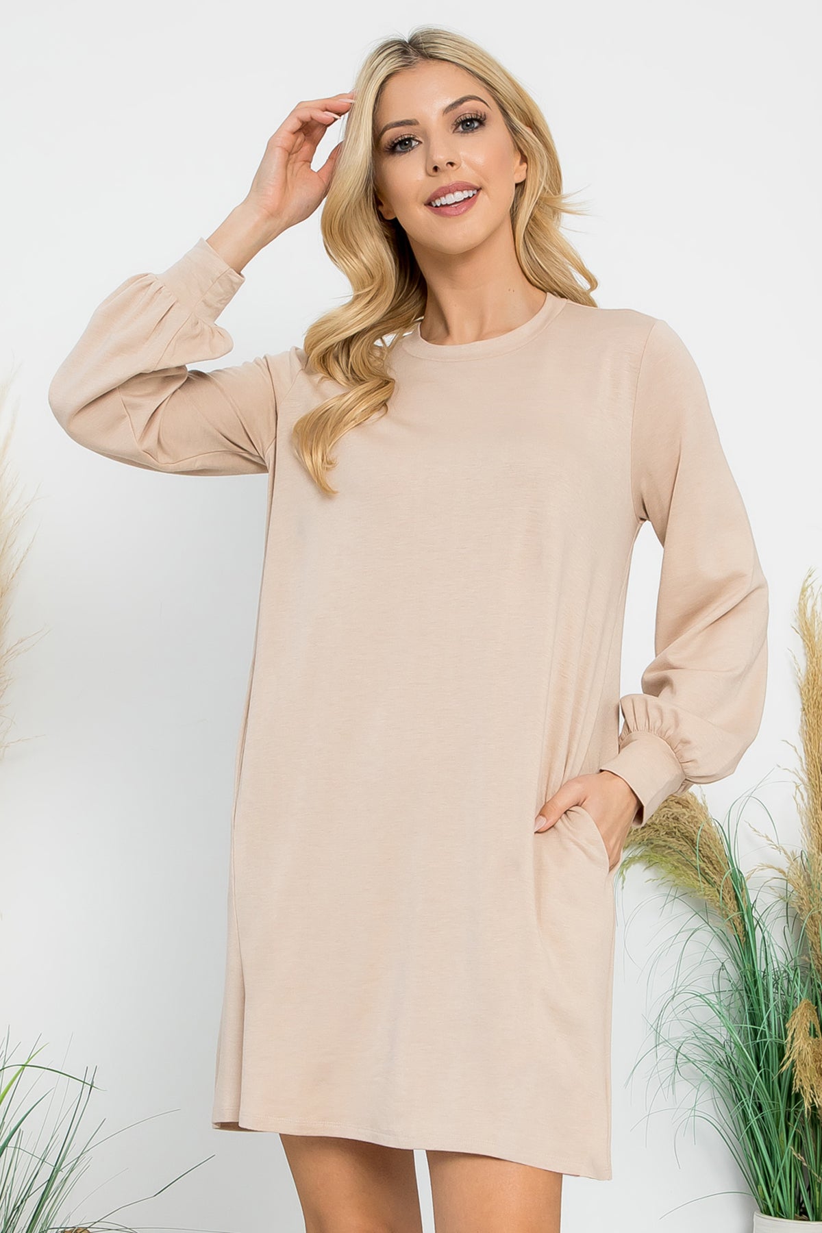 LONG PUFF SLEEVE FRENCH TERRY DRESS WITH POCKETS 1-1-1-1