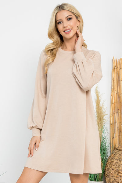 LONG PUFF SLEEVE FRENCH TERRY DRESS WITH POCKETS 1-1-1-1