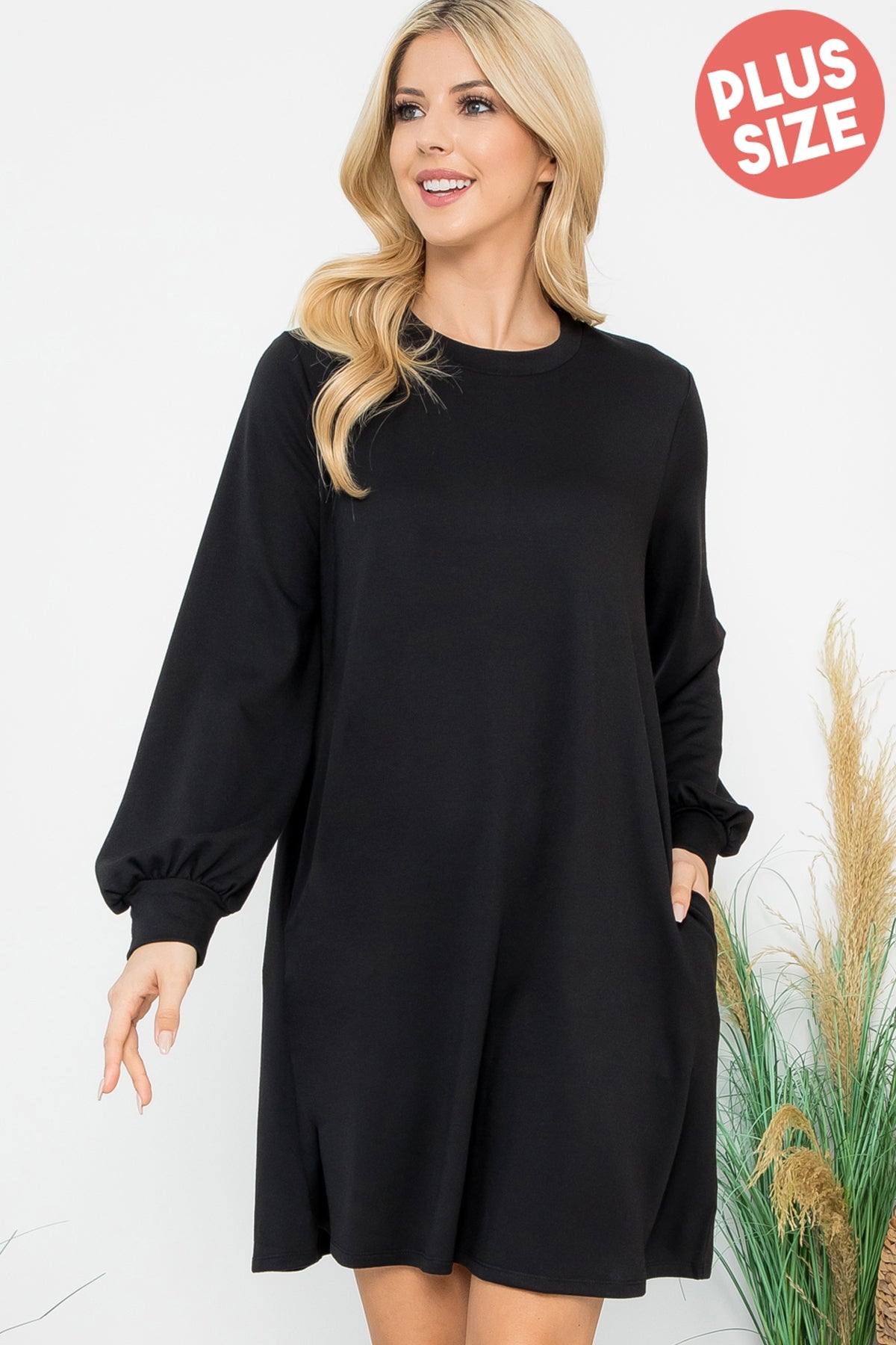 PLUS SIZE LONG PUFF SLEEVE FRENCH TERRY DRESS WITH POCKETS 3-2-1