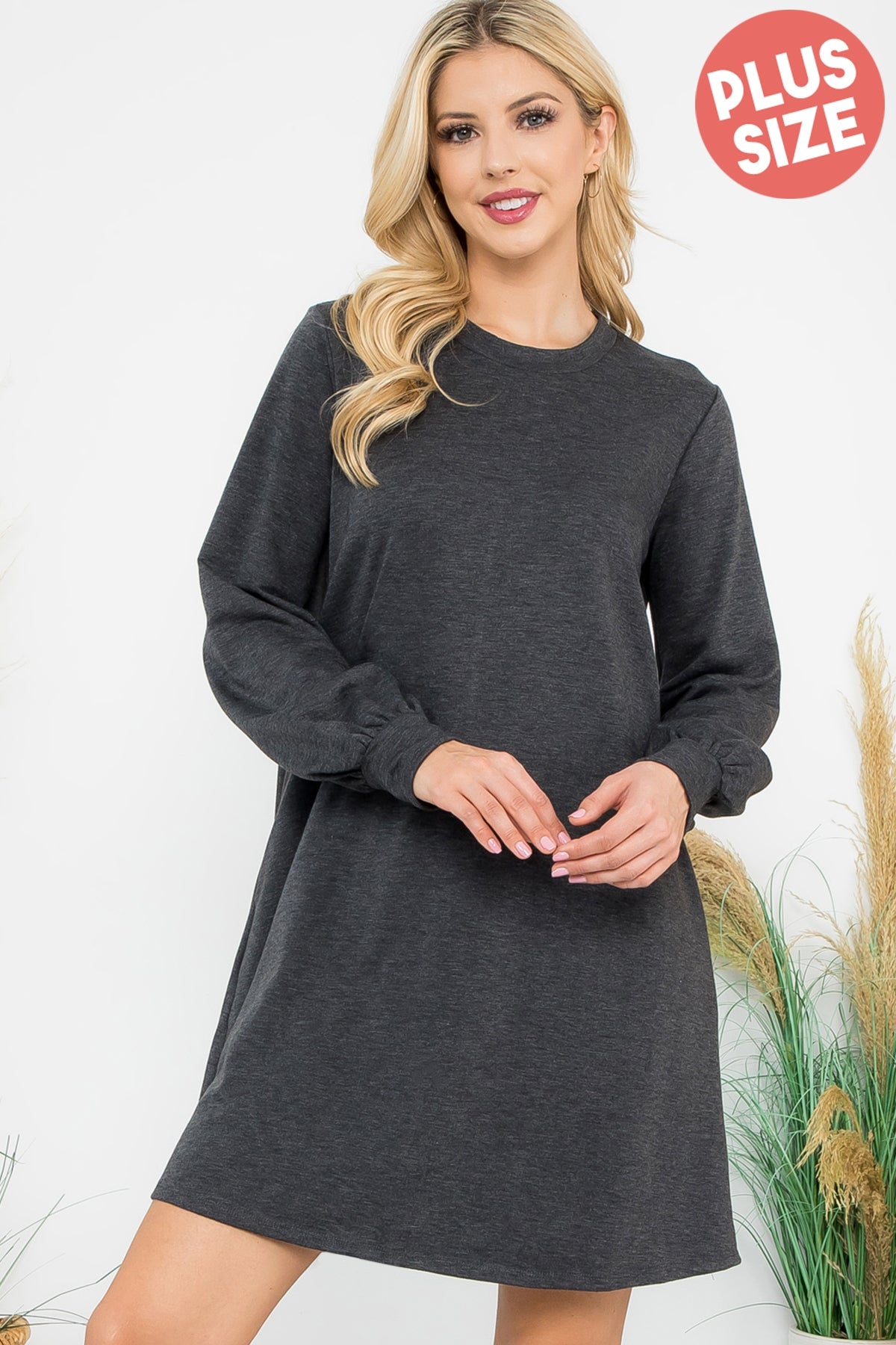 PLUS SIZE LONG PUFF SLEEVE FRENCH TERRY DRESS WITH POCKETS 3-2-1