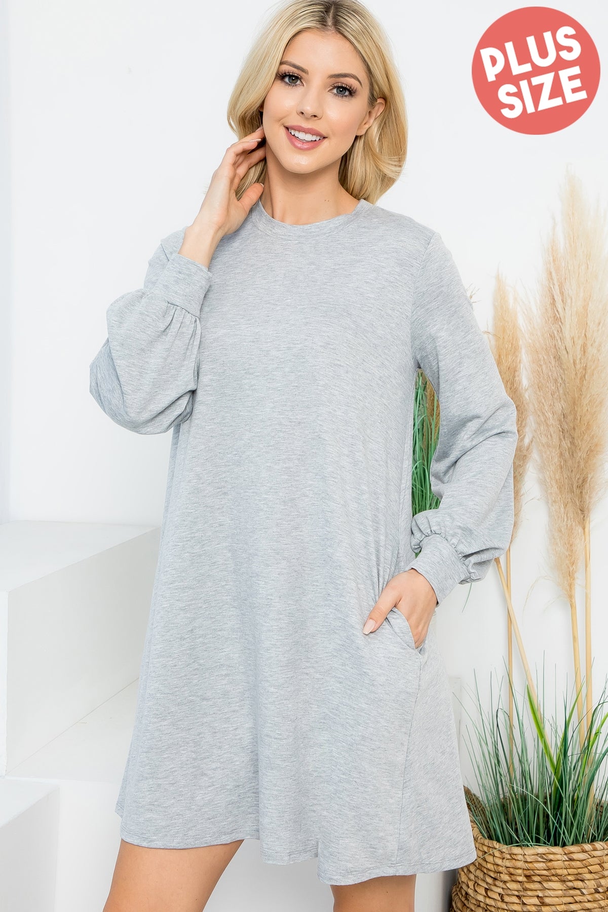 PLUS SIZE LONG PUFF SLEEVE FRENCH TERRY DRESS WITH POCKETS 3-2-1