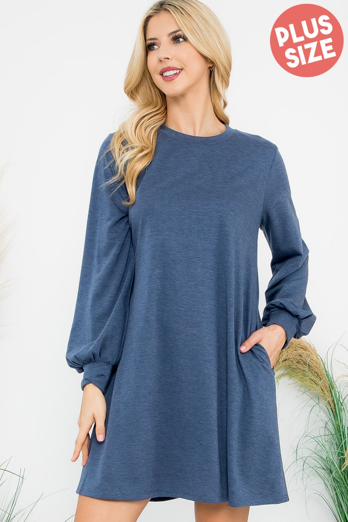 PLUS SIZE LONG PUFF SLEEVE FRENCH TERRY DRESS WITH POCKETS 3-2-1