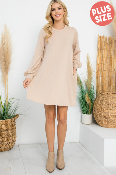 PLUS SIZE LONG PUFF SLEEVE FRENCH TERRY DRESS WITH POCKETS 3-2-1