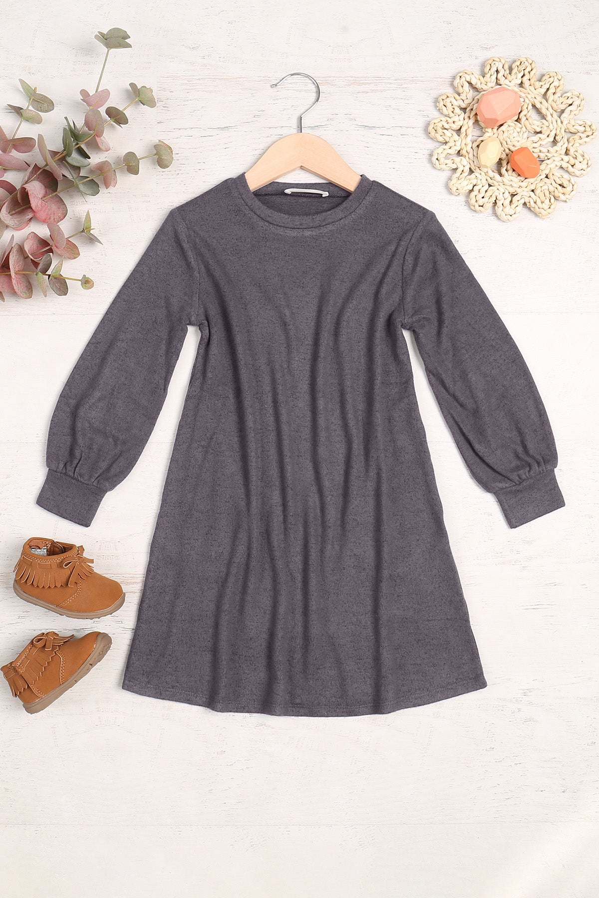 YMD10063TKV-KIDS PUFF LONG SLEEVE HACCI BRUSHED DRESS 1-1-1-1-1-1-1-1