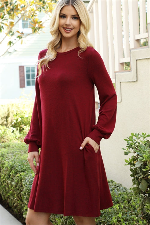 YMD10063V-PUFF LONG SLEEVE HACCI BRUSHED DRESS 2-1-2-3