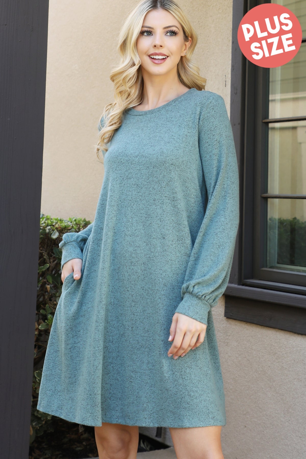 PLUS SIZE PUFF LONG SLEEVE HACCI BRUSHED DRESS 3-2-1