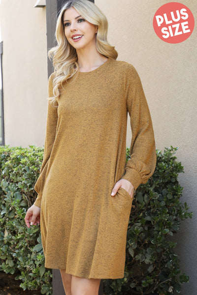 PLUS SIZE PUFF LONG SLEEVE HACCI BRUSHED DRESS 3-2-1