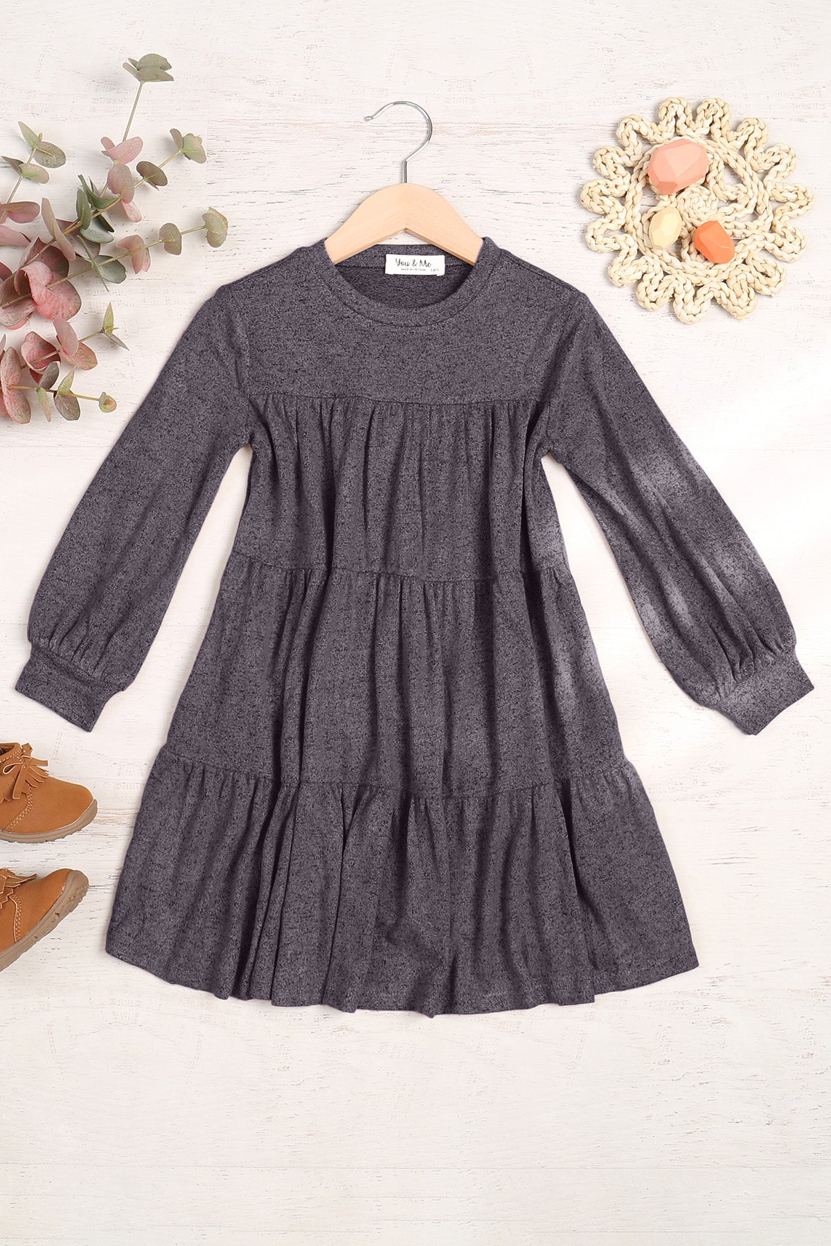 YMD10064TKV-PUFF LONG SLEEVE TIERED HACCI BRUSHED DRESS 1-1-1-1-1-1-1-1