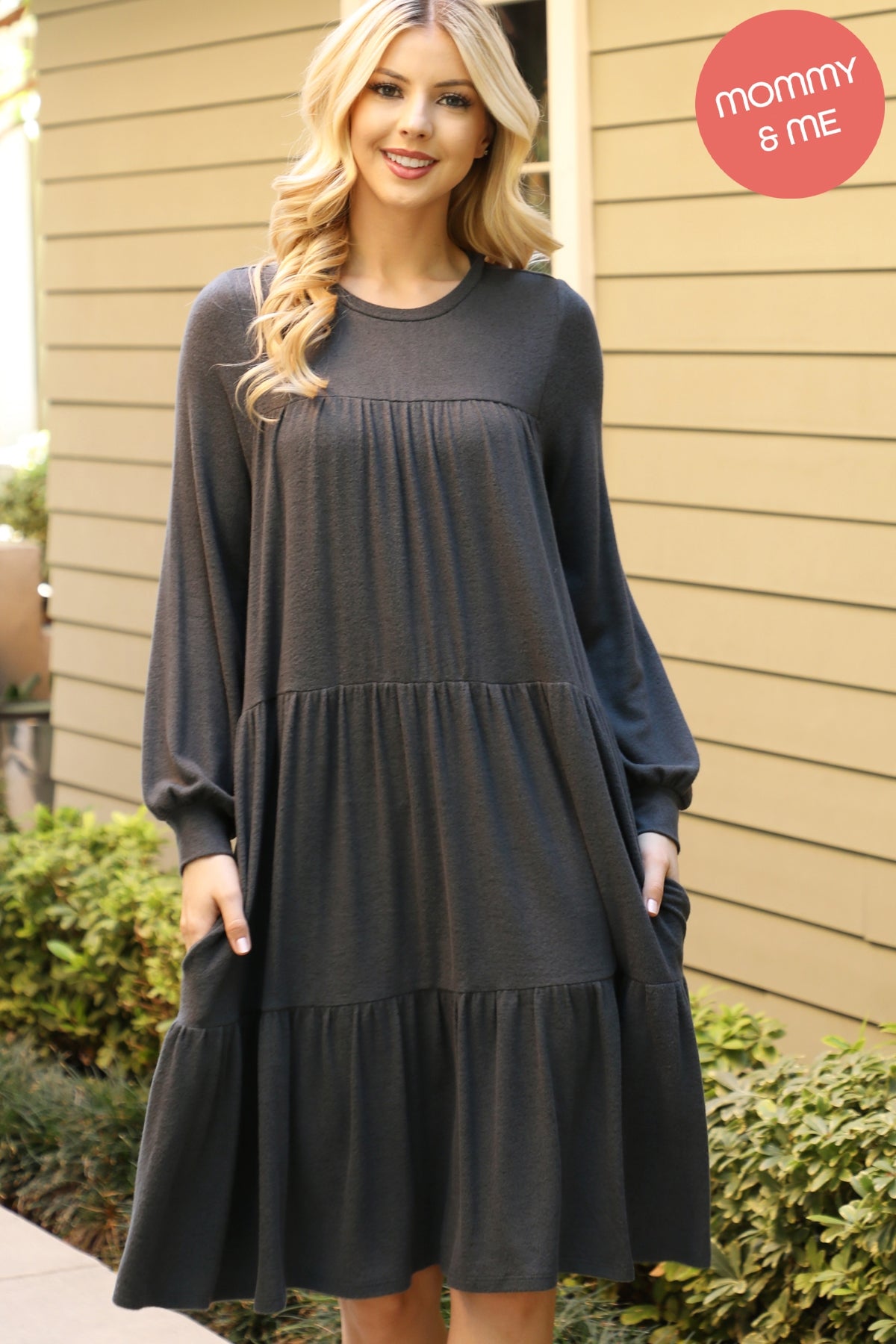 PUFF LONG SLEEVE TIERED HACCI BRUSHED DRESS 1-1-1-1