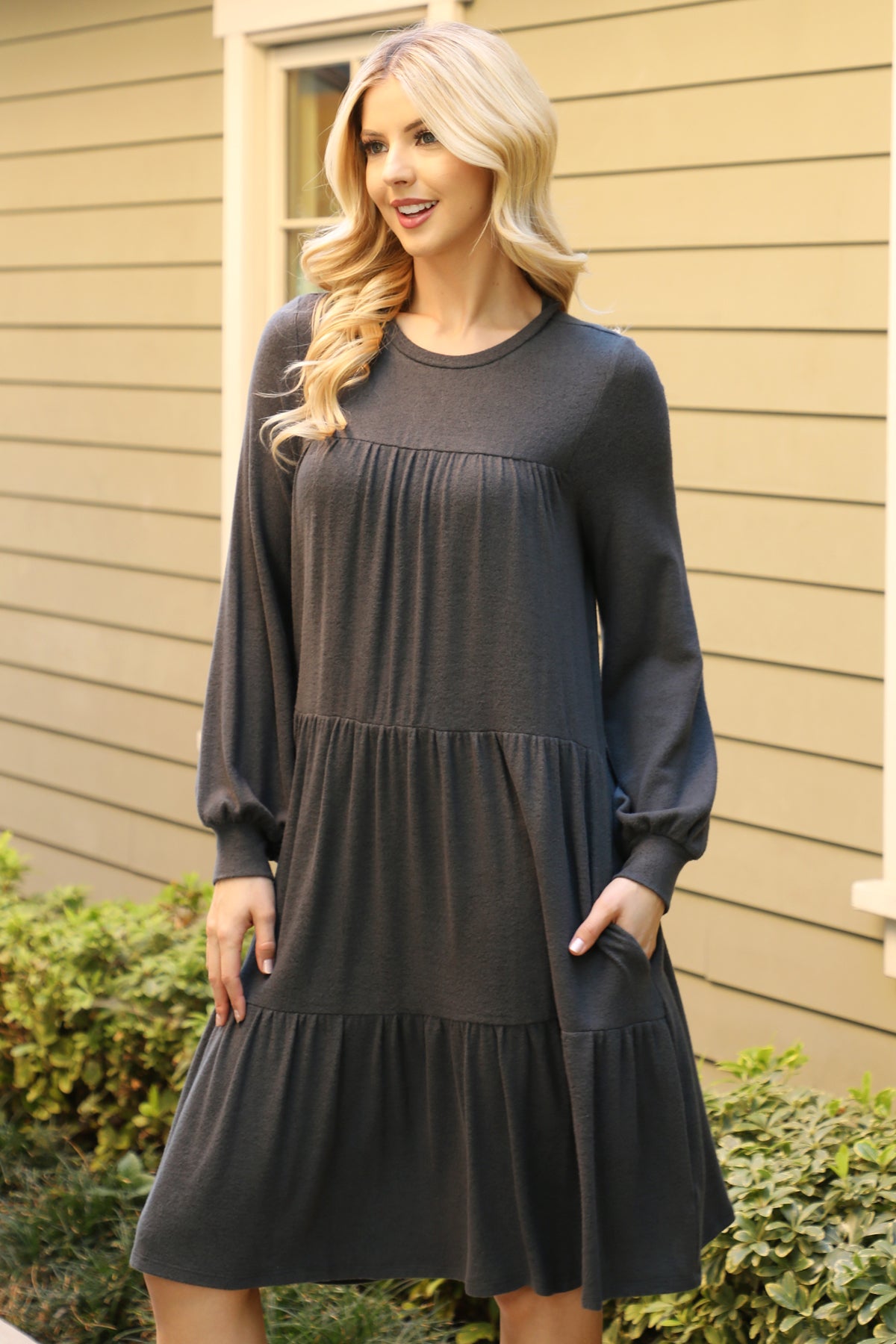 PUFF LONG SLEEVE TIERED HACCI BRUSHED DRESS 1-1-1-1