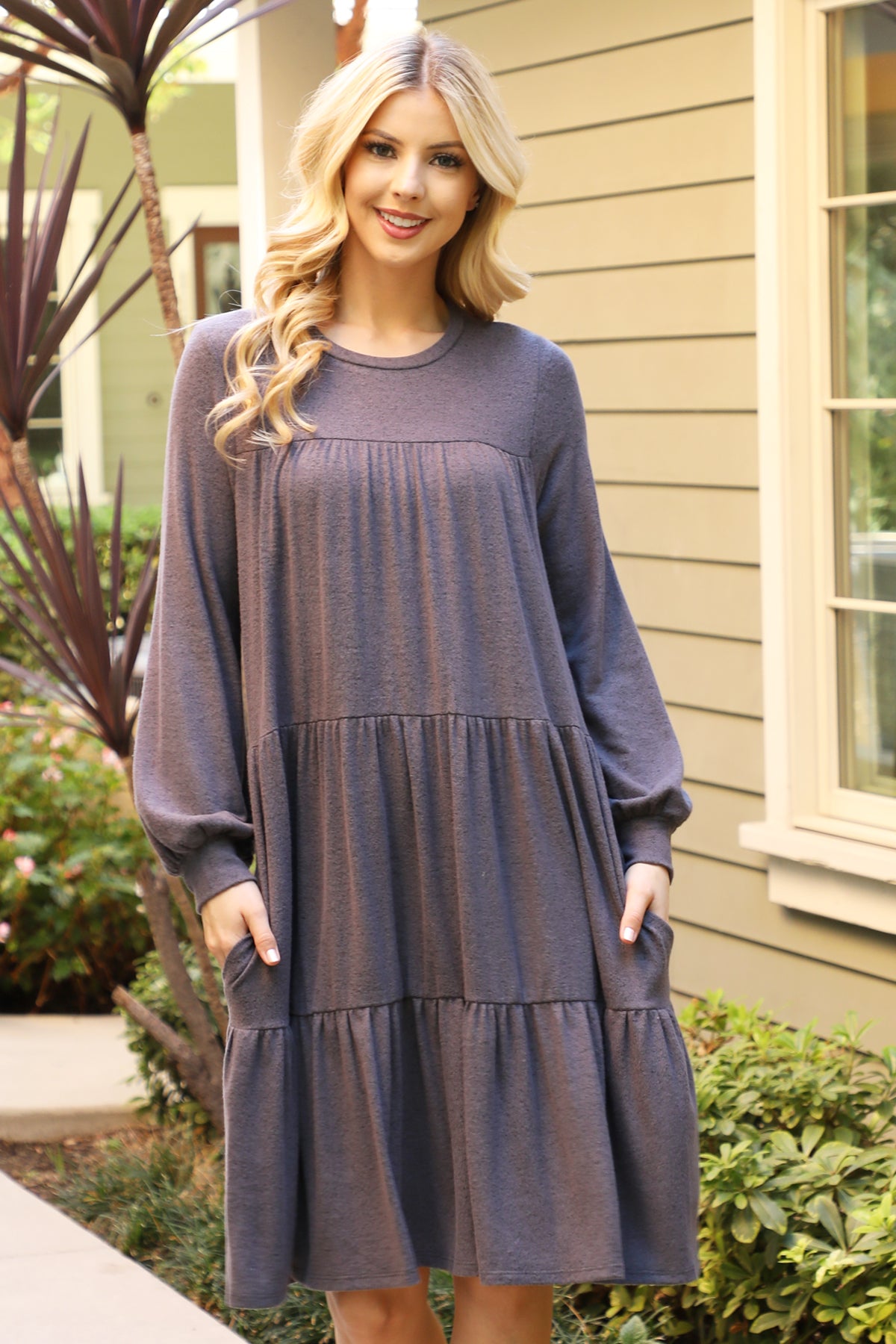 PUFF LONG SLEEVE TIERED HACCI BRUSHED DRESS 1-1-1-1