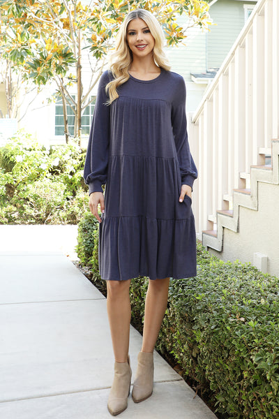 PUFF LONG SLEEVE TIERED HACCI BRUSHED DRESS 1-1-1-1