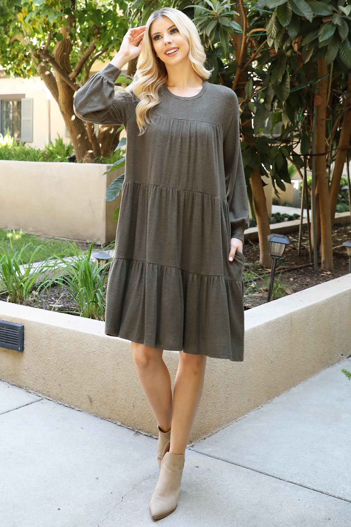 PUFF LONG SLEEVE TIERED HACCI BRUSHED DRESS 1-1-1-1