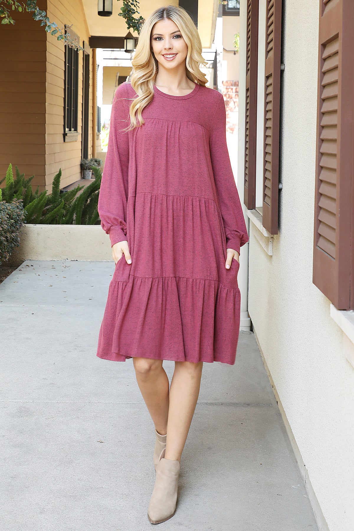 PUFF LONG SLEEVE TIERED HACCI BRUSHED DRESS 1-1-1-1