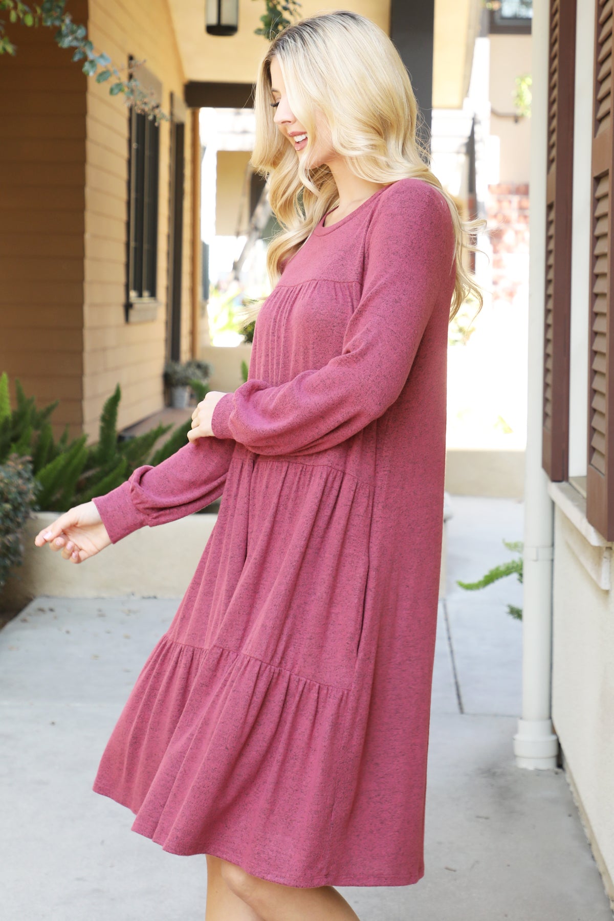 PUFF LONG SLEEVE TIERED HACCI BRUSHED DRESS 1-1-1-1