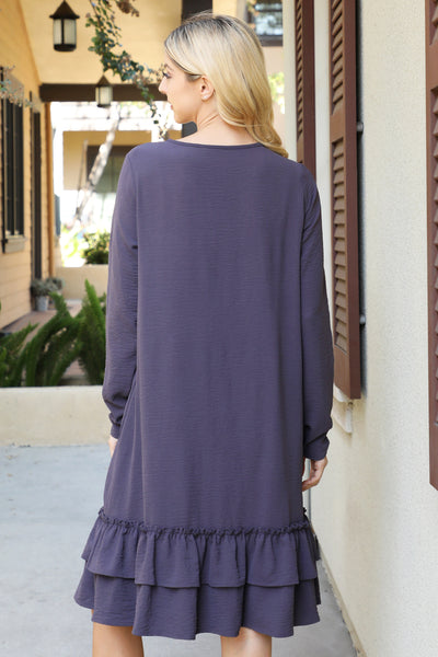 LONG SLEEVE FLAT MERROW DETAIL HEM WOVEN DRESS 1-1-1-1