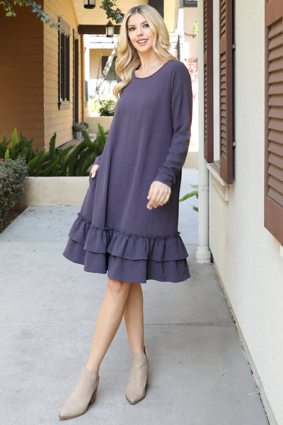 LONG SLEEVE FLAT MERROW DETAIL HEM WOVEN DRESS 1-1-1-1