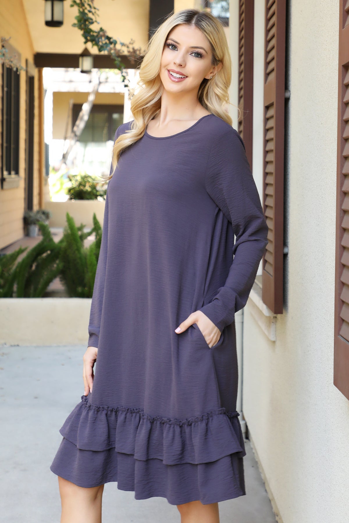 LONG SLEEVE FLAT MERROW DETAIL HEM WOVEN DRESS 1-1-1-1