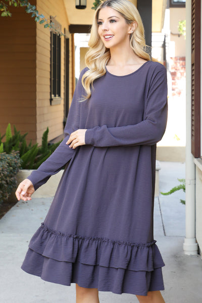 LONG SLEEVE FLAT MERROW DETAIL HEM WOVEN DRESS 1-1-1-1