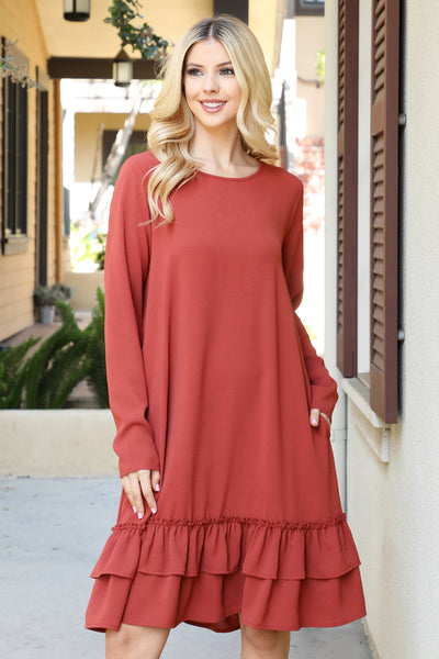 LONG SLEEVE FLAT MERROW DETAIL HEM WOVEN DRESS 1-1-1-1