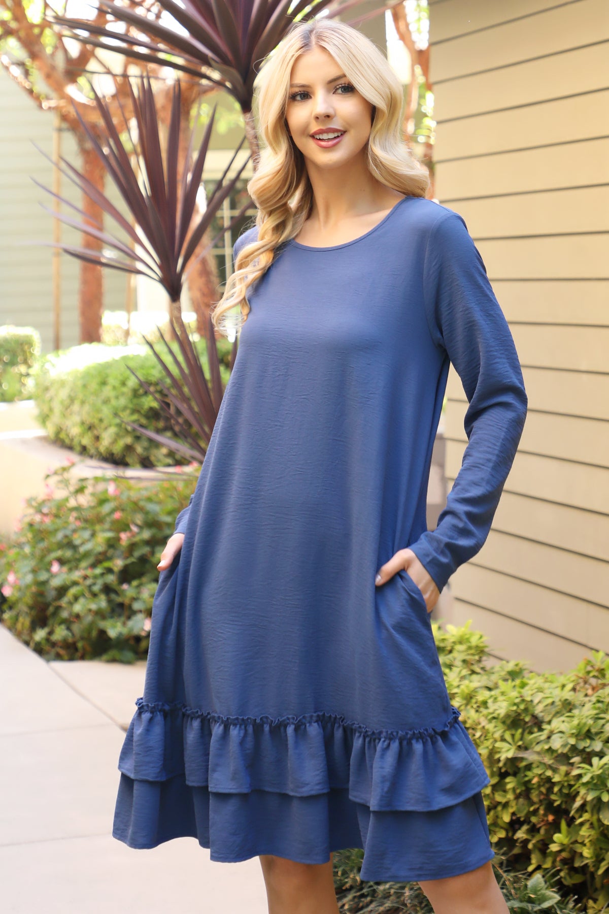 LONG SLEEVE FLAT MERROW DETAIL HEM WOVEN DRESS 1-1-1-1