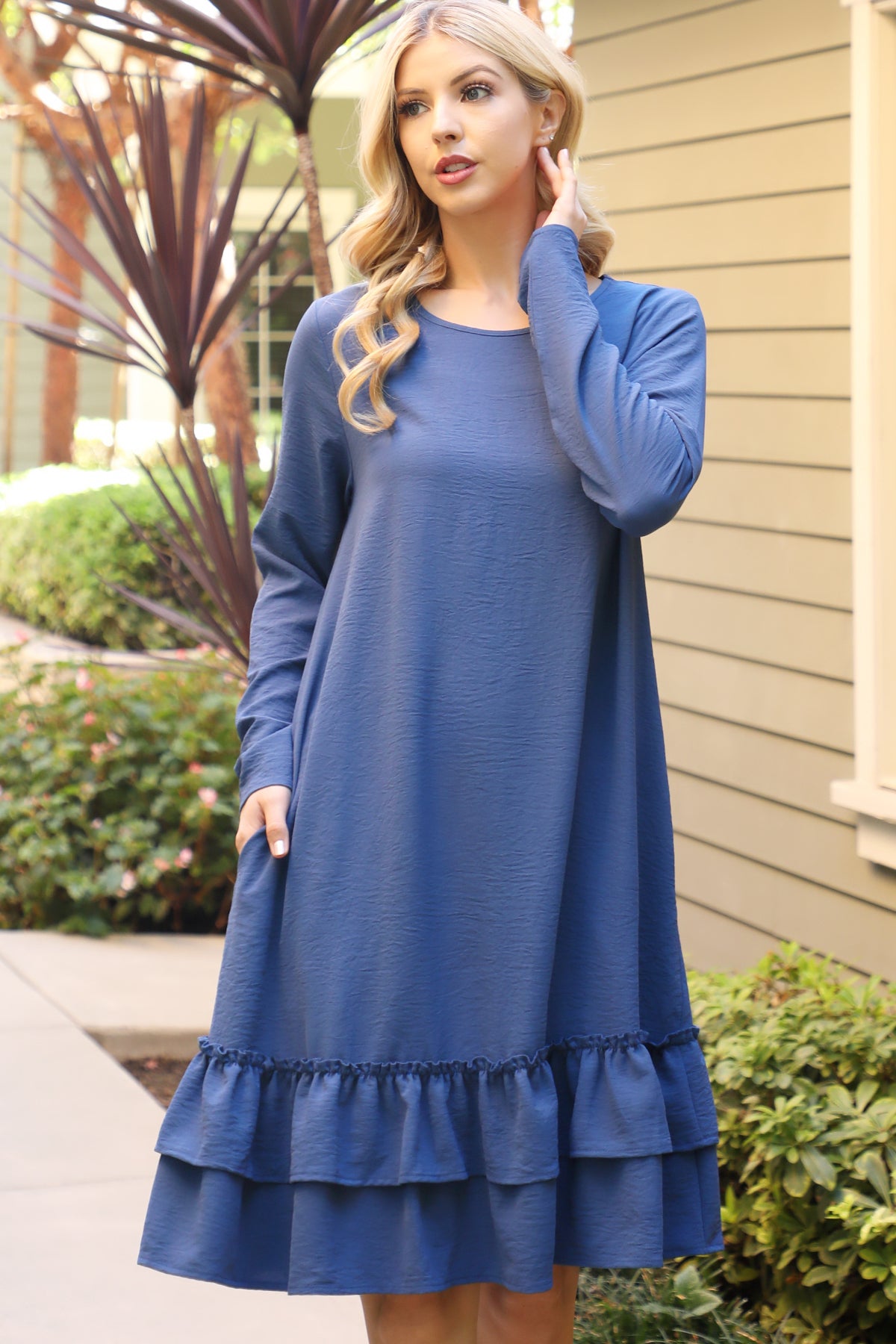 LONG SLEEVE FLAT MERROW DETAIL HEM WOVEN DRESS 1-1-1-1