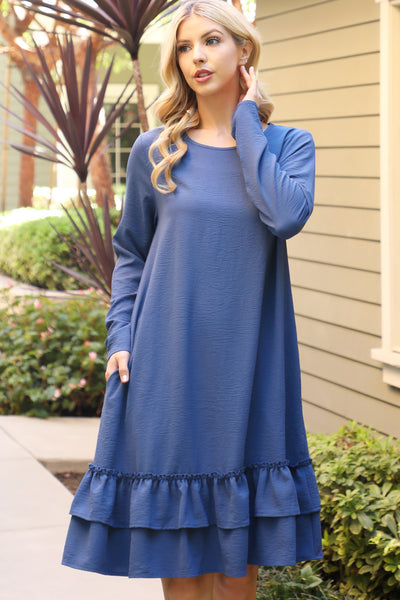 LONG SLEEVE FLAT MERROW DETAIL HEM WOVEN DRESS 1-1-1-1