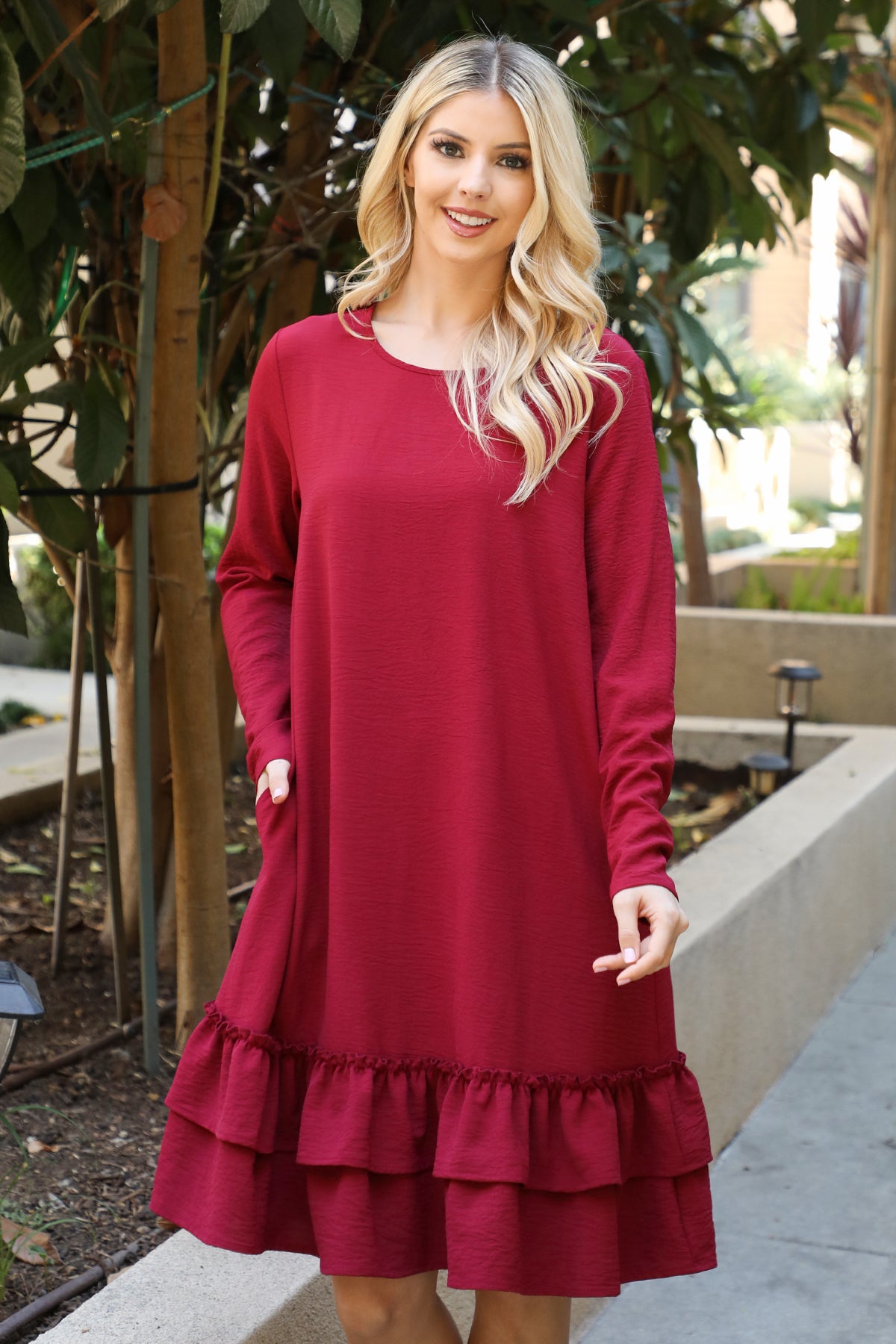 LONG SLEEVE FLAT MERROW DETAIL HEM WOVEN DRESS 1-1-1-1