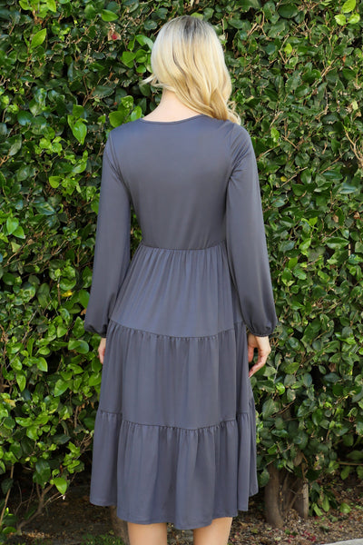 SOLID LONG SLEEVE ELASTIC WAIST TIERED DRESS 1-2-2-1