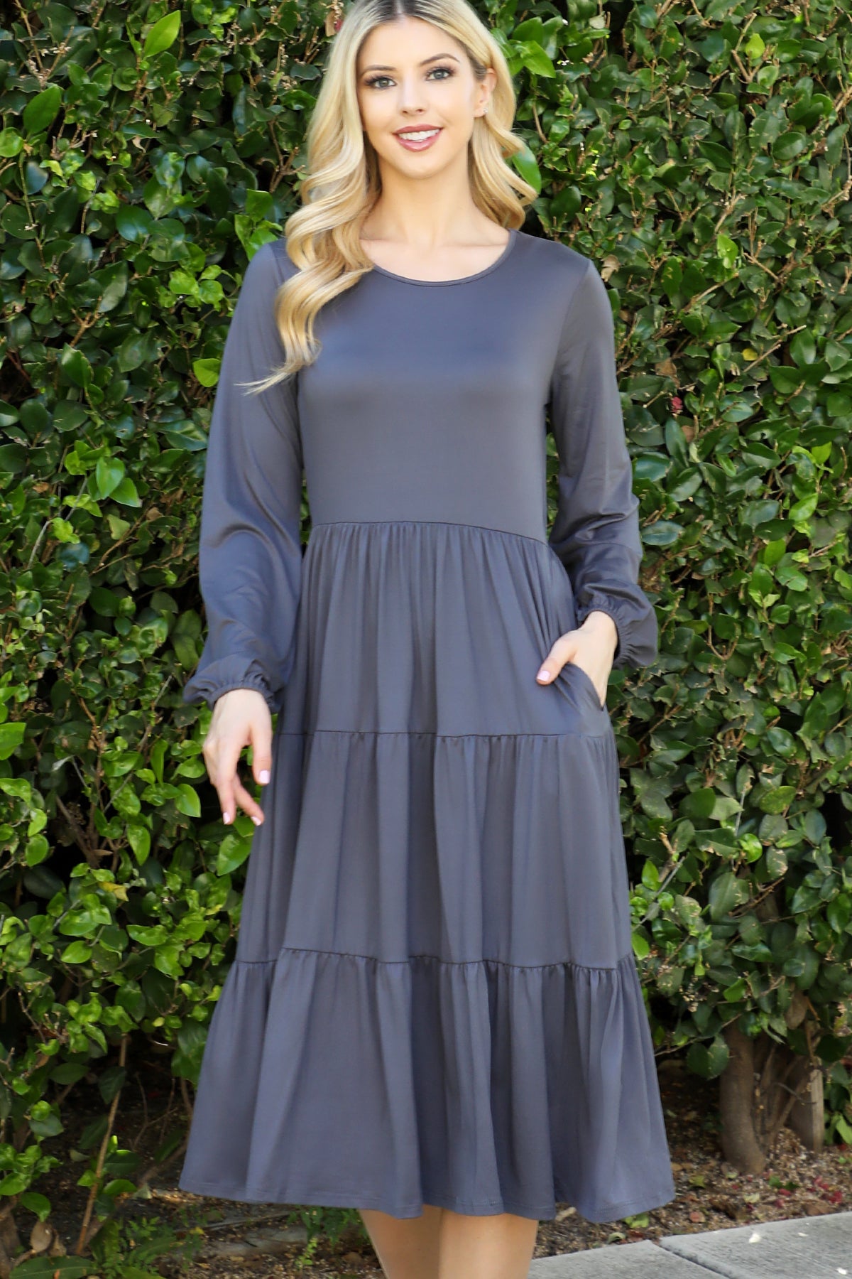 SOLID LONG SLEEVE ELASTIC WAIST TIERED DRESS 1-2-2-1