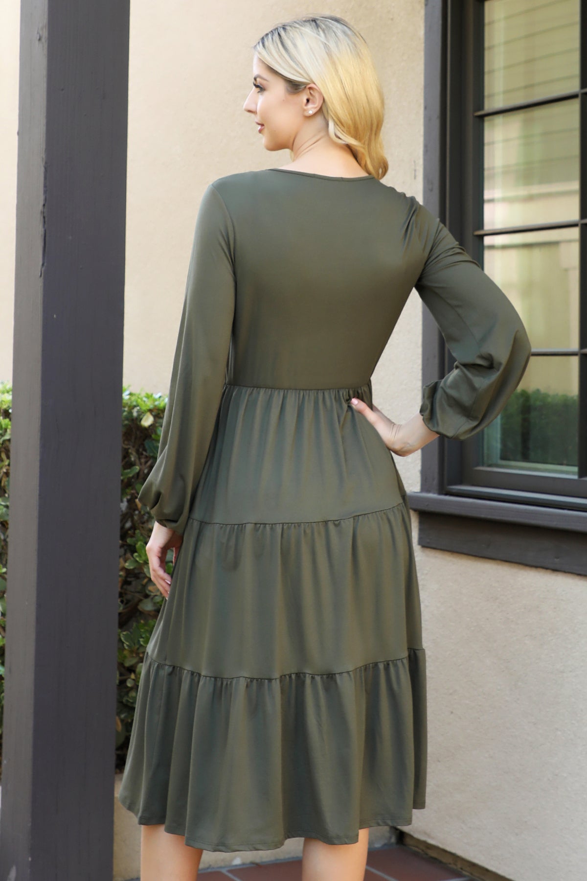 SOLID LONG SLEEVE ELASTIC WAIST TIERED DRESS 1-2-2-1