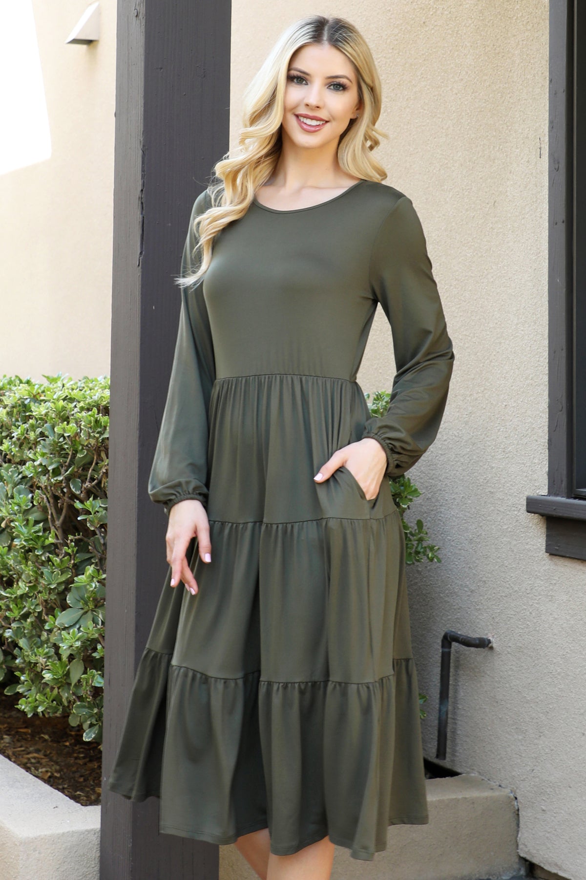 SOLID LONG SLEEVE ELASTIC WAIST TIERED DRESS 1-2-2-1