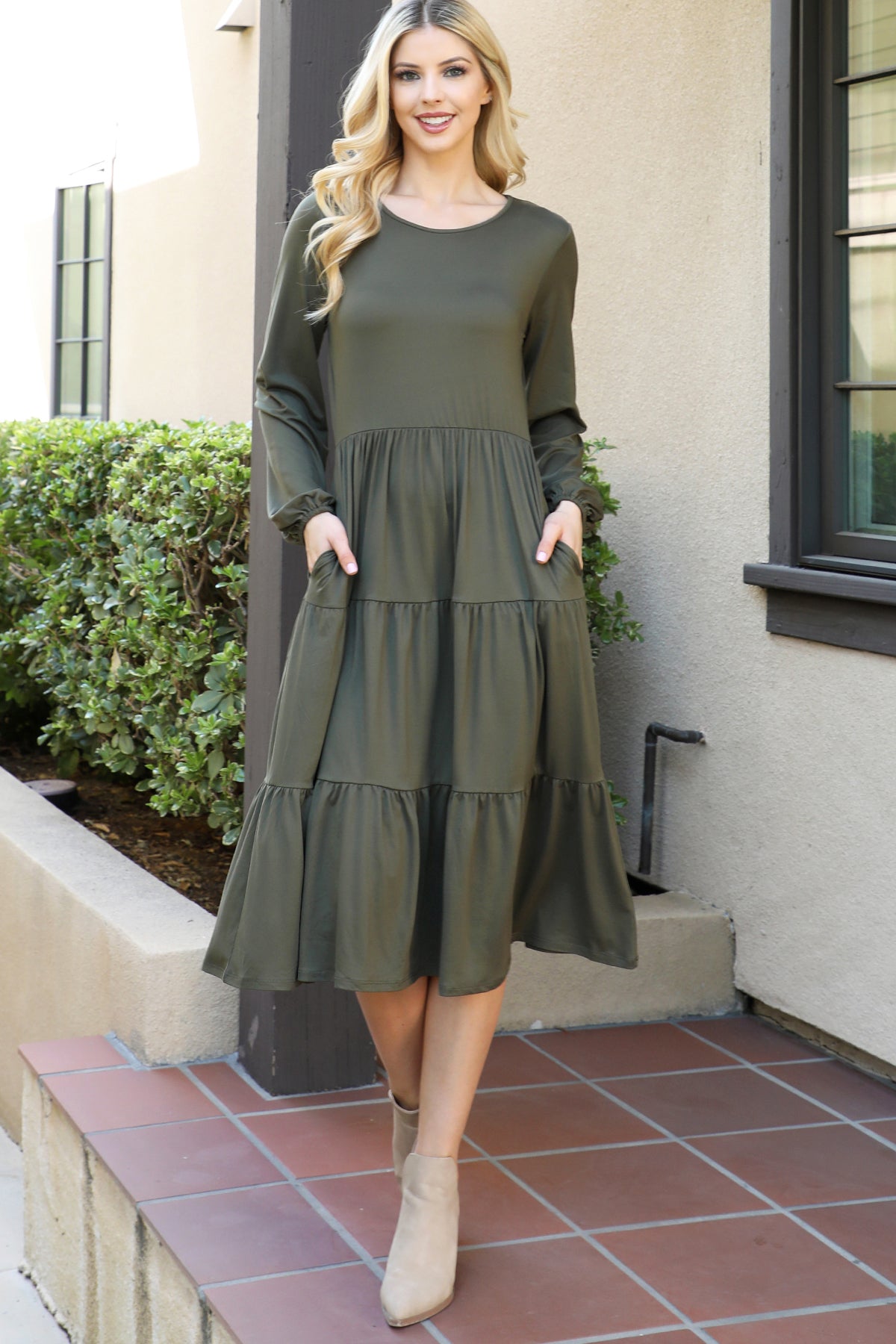 SOLID LONG SLEEVE ELASTIC WAIST TIERED DRESS 1-2-2-1