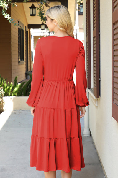 SOLID LONG SLEEVE ELASTIC WAIST TIERED DRESS 1-2-2-1