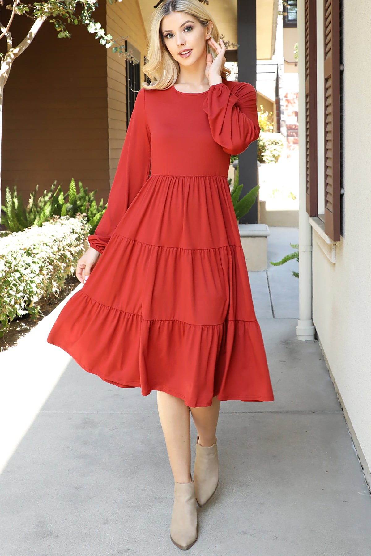 SOLID LONG SLEEVE ELASTIC WAIST TIERED DRESS 1-2-2-1