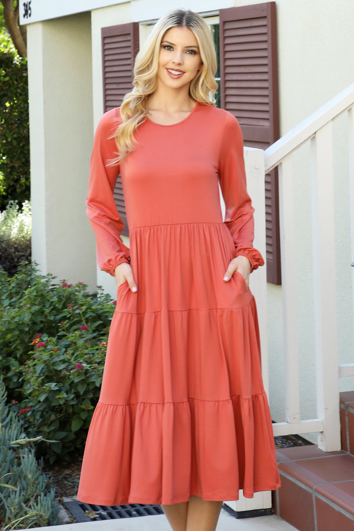 SOLID LONG SLEEVE ELASTIC WAIST TIERED DRESS 1-2-2-1