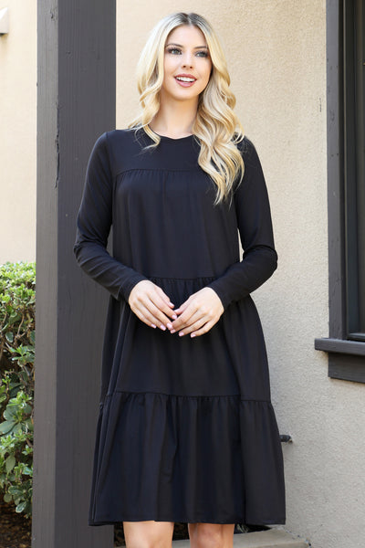 SOLID LONG SLEEVE SHIRRING TIERED DETAILED DRESS 1-2-2-1