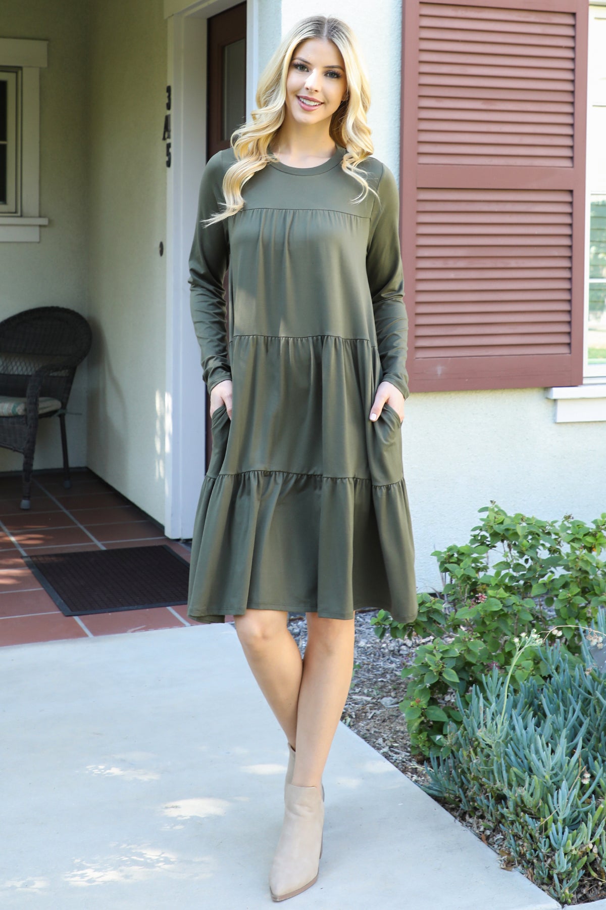 SOLID LONG SLEEVE SHIRRING TIERED DETAILED DRESS 1-2-2-1