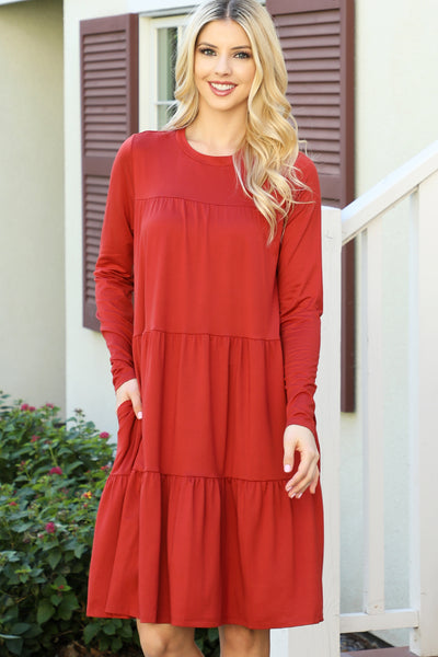 SOLID LONG SLEEVE SHIRRING TIERED DETAILED DRESS 1-2-2-1