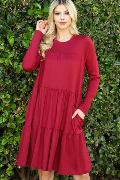 SOLID LONG SLEEVE SHIRRING TIERED DETAILED DRESS 1-2-2-1