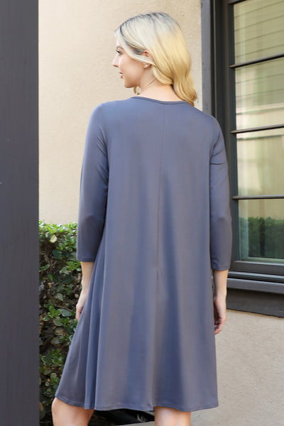 SOLID QUARTER SLEEVE ROUND NECK DRESS 1-2-2-1